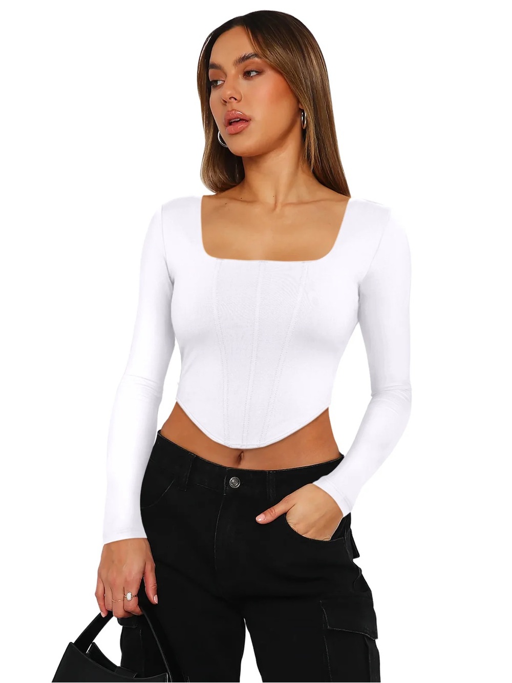 NWOT ReoRia White Corset Crop Top Small Square Neck Long Sleeve Sculpting Y2K